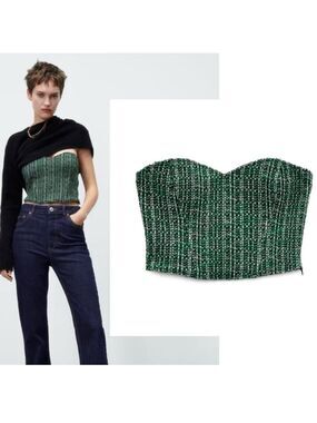 Zara green tweed bustier corset sweetheart neckline crop top Sz M NWT